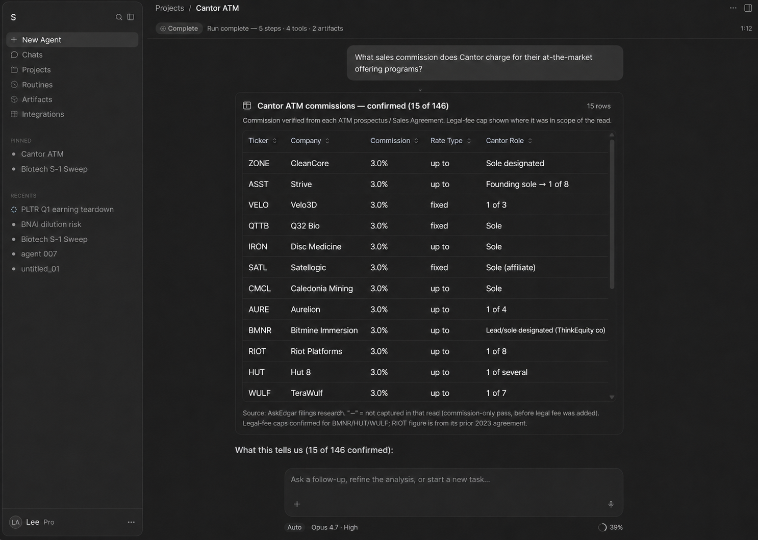 Ask Edgar listing confirmed Cantor ATM commissions across companies
