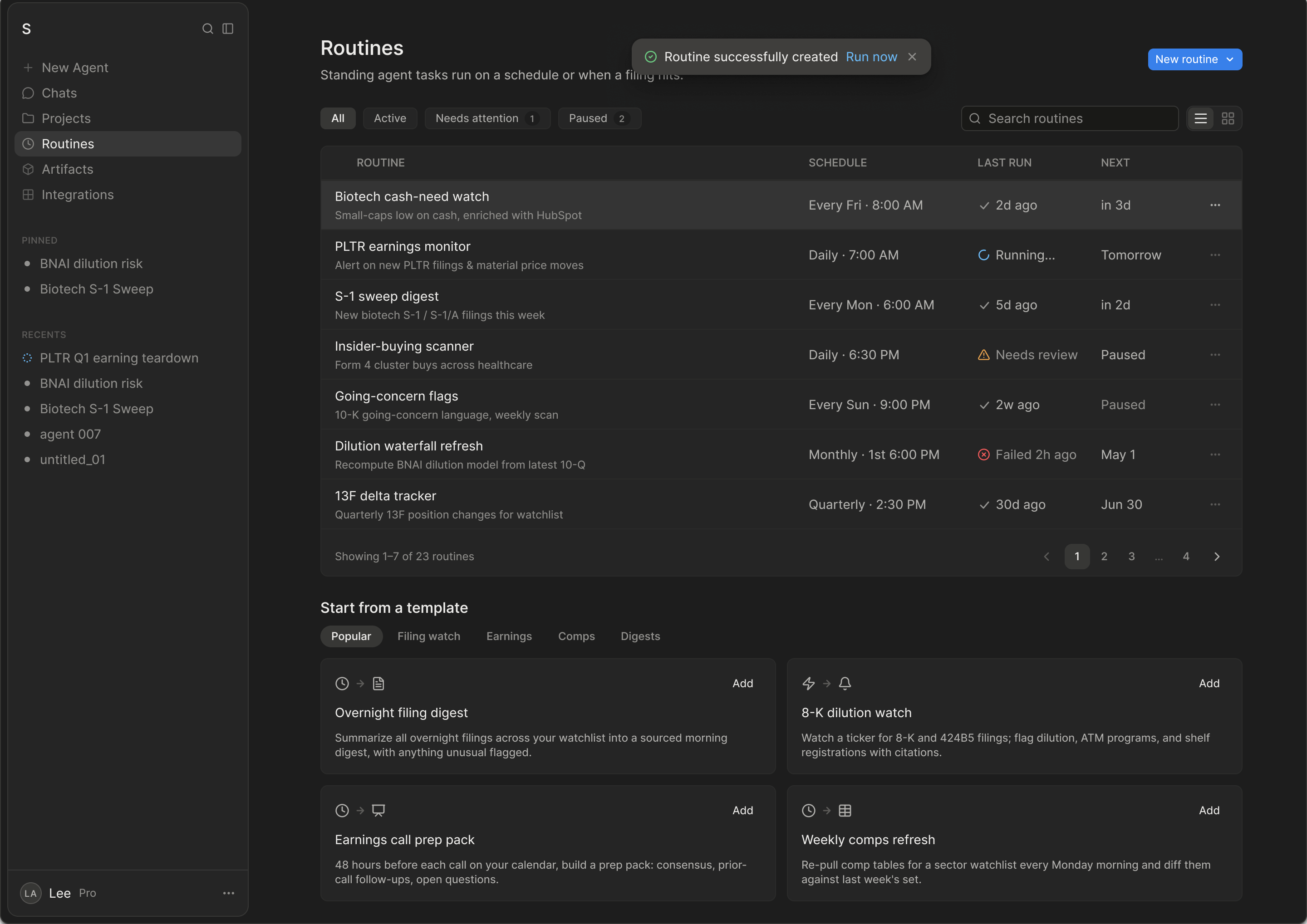 Ask Edgar Routines screen showing scheduled agent tasks